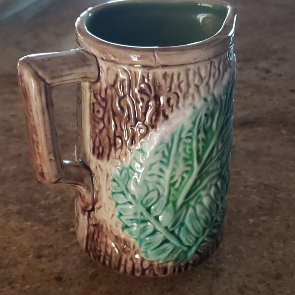 Antique Majoica Begonia Fern Leaf Rustic Tree Bark Planter Vase, Decor Pitcher - Picture 6 of 16